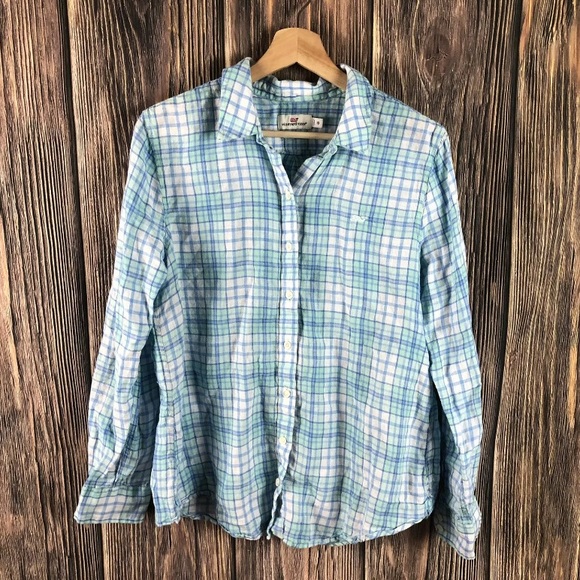 Vineyard Vines Tops - Vineyard vines linen top plaid button down 10 blue